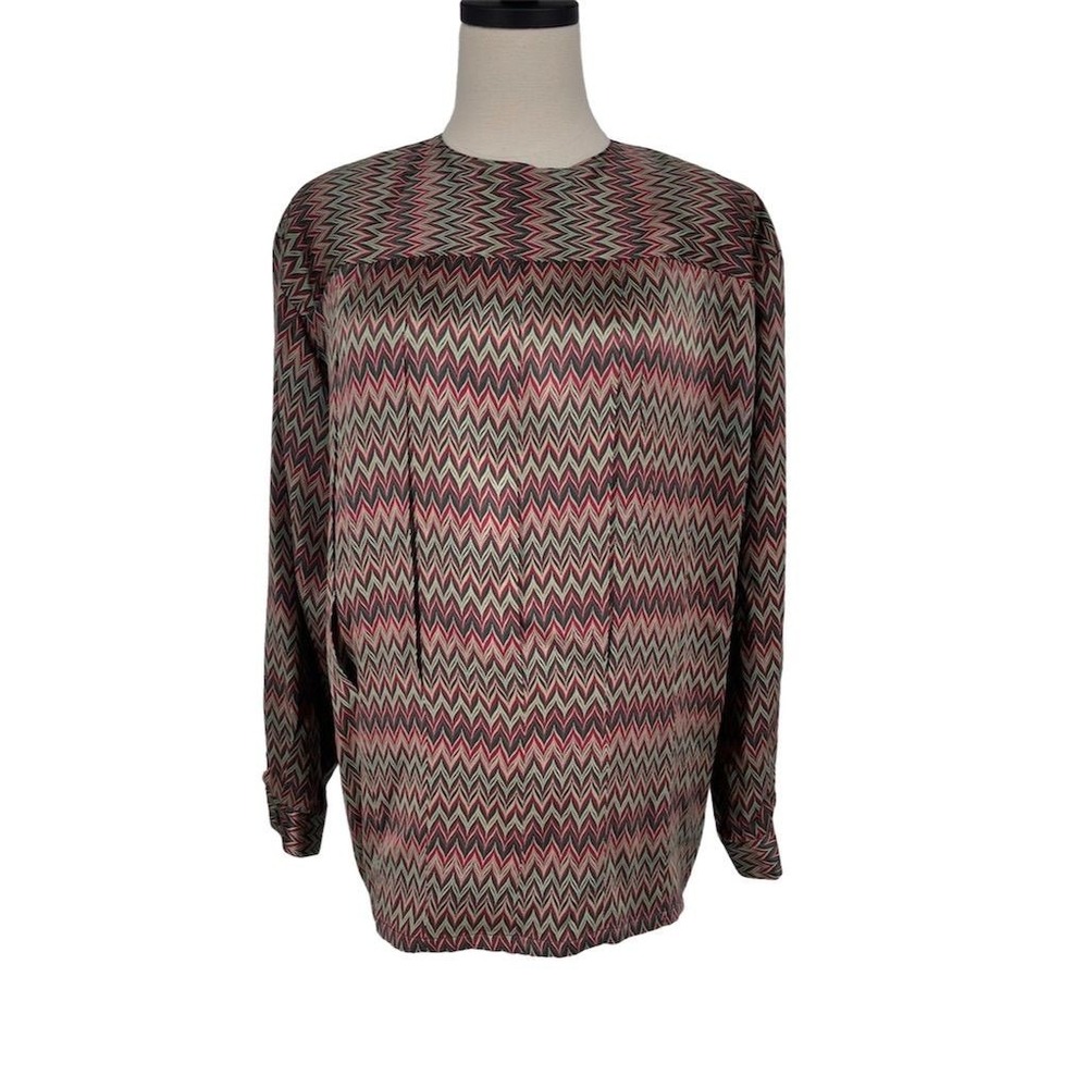 Ernst Strauss‎ Womens Size 10 M Green Red Geometric Herringbone Silk Blouse